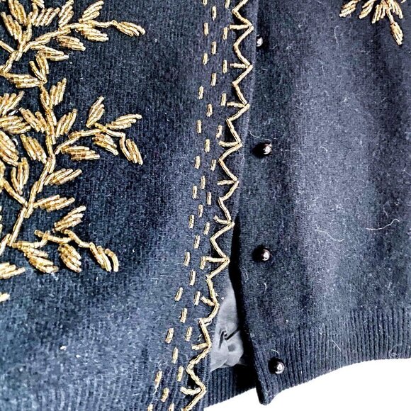 Vintage  Black Wool Beaded Embellished Floral Motif Cardigan Sweater S - Picture 4 of 7